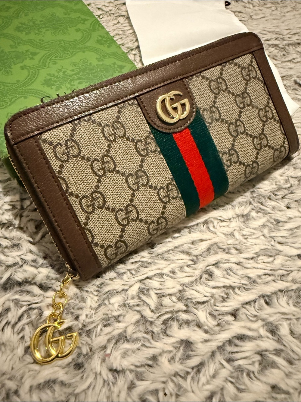 Brown Supreme Zip Around Wallet with Green-Red Web - Picture 2 of 5